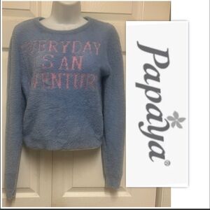 Papaya “EVERYDAY IS AN ADVENTURE" Fuzzy Blue Sweater
